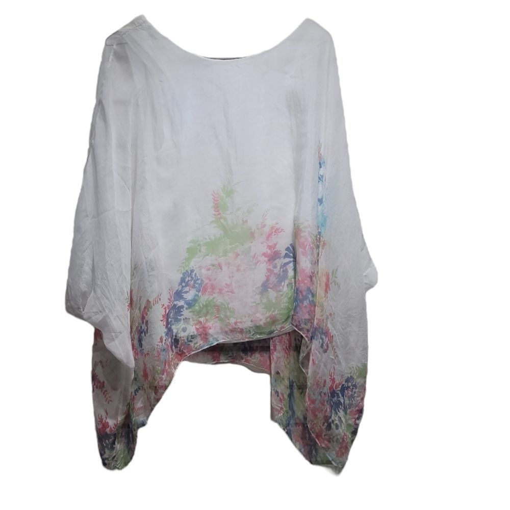 Elena Baldi Italy White Watercolor Floral Border Print Oversized Top Small